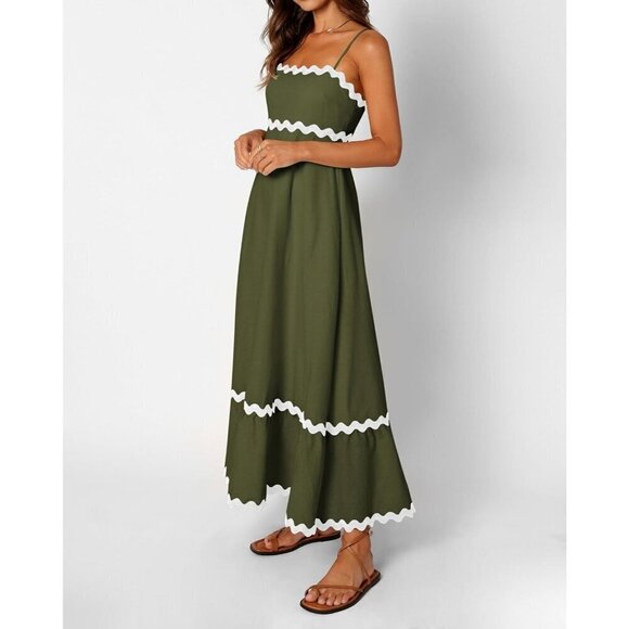 Women Spaghetti Straps Sleeveless Square Neck Smocked Rickrack Trim Maxi Dress - Picture 3 of 8